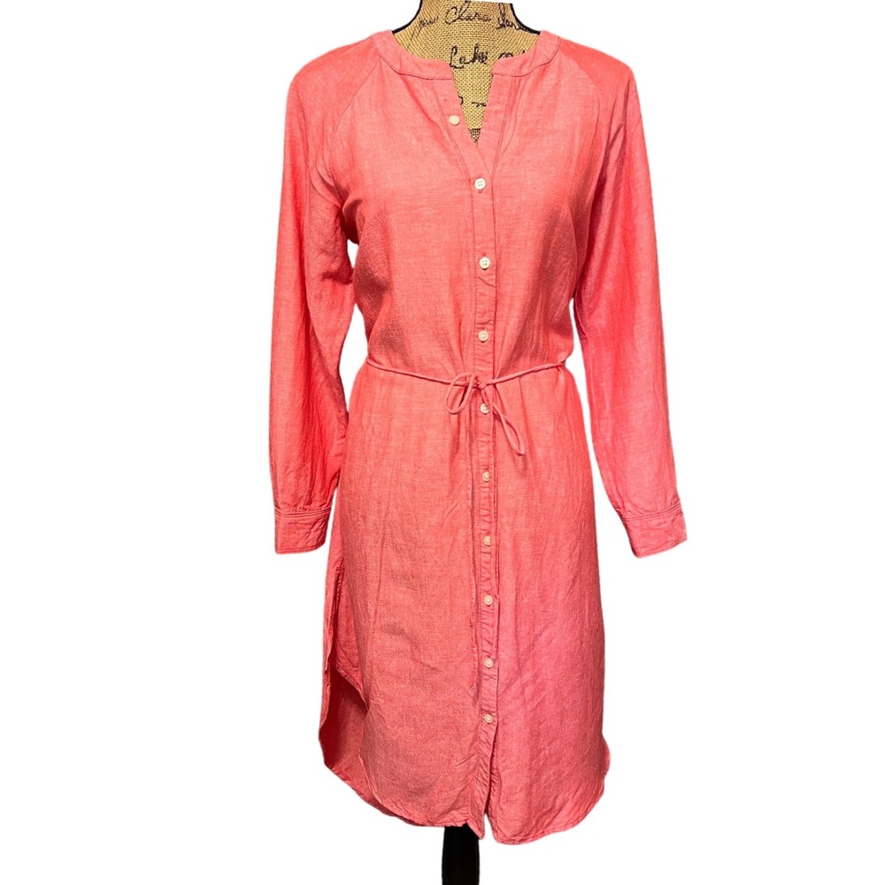 LOFT Red Size M Linen Blend‎ Button Down Dress Hi-Low Hem Summer Long Sleeve
